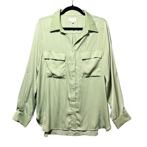 Melloday Green Button Front Blouse Roll Tab Sleeves Pockets‎ Large Relaxed Fit